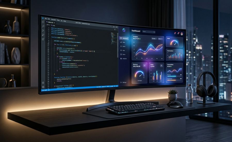 Code editor with clean PHP and JS code visible