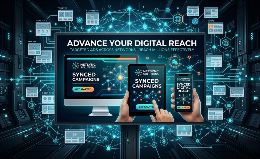 A digital billboard-style graphic showing a clean display ad appearing on various screens