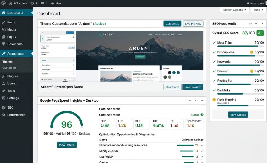 WordPress admin dashboard with a custom theme preview