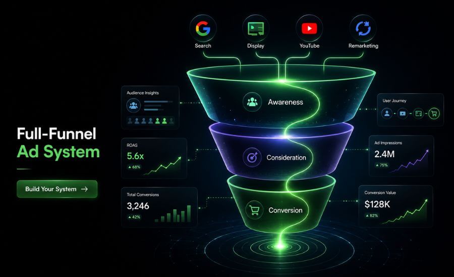 marketing banner with a futuristic full-funnel visualization